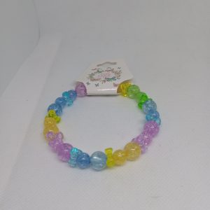 Stretch bracelet with soft pastel beads in blue, yellow, green, and purple hues.