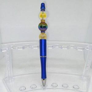 Blue & Gold Bubble Gum Bead Pen with Iridescent Charm Beads