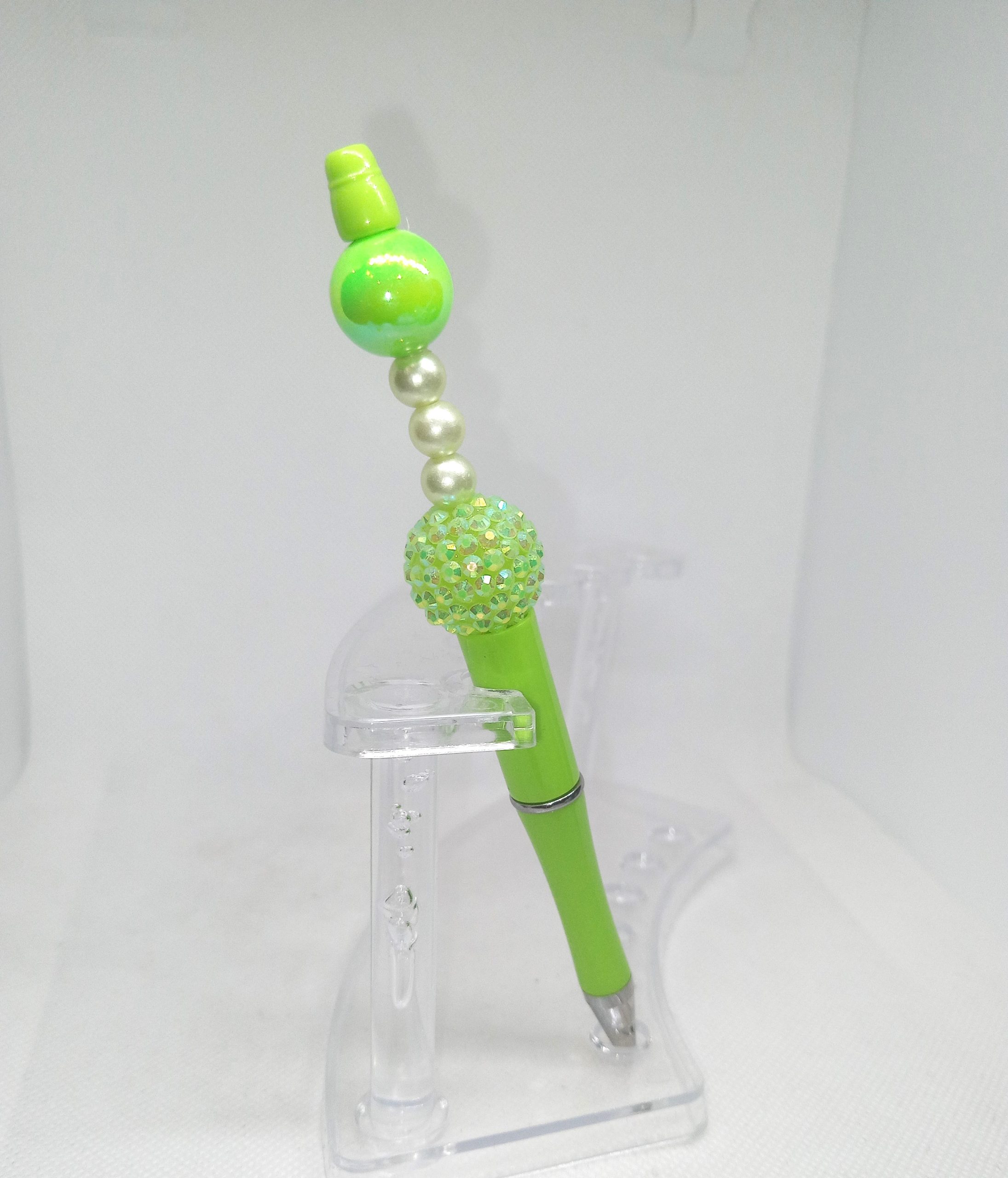 Handmade Green Bubble Gum Bead Pen with Pearl & Crystal Charm - Image 2