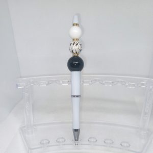 Handmade White & Black Bubble Gum Bead Pen with Gold Accents