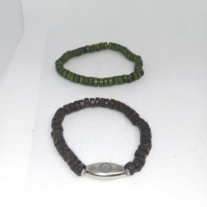 Earth Harmony Bracelet Duo Green Disc & Brown Silver Charm Set