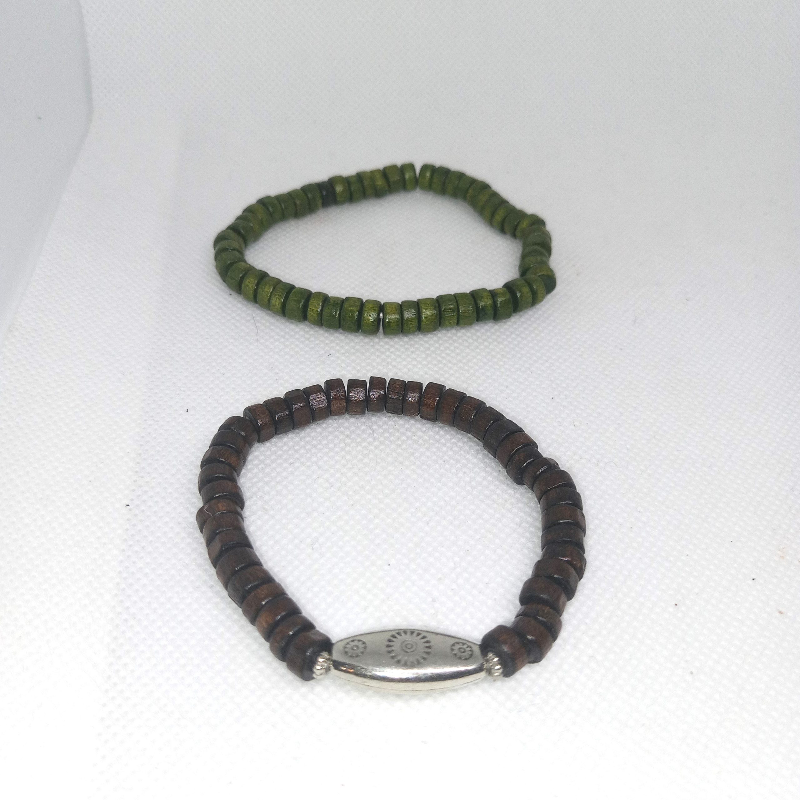 Earth Harmony Bracelet Duo Green Disc & Brown Silver Charm Set