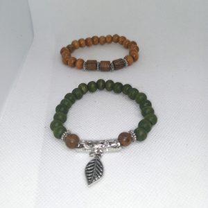 Rustic Nature Green Leaf & Sandwood Charm Bracelet Set