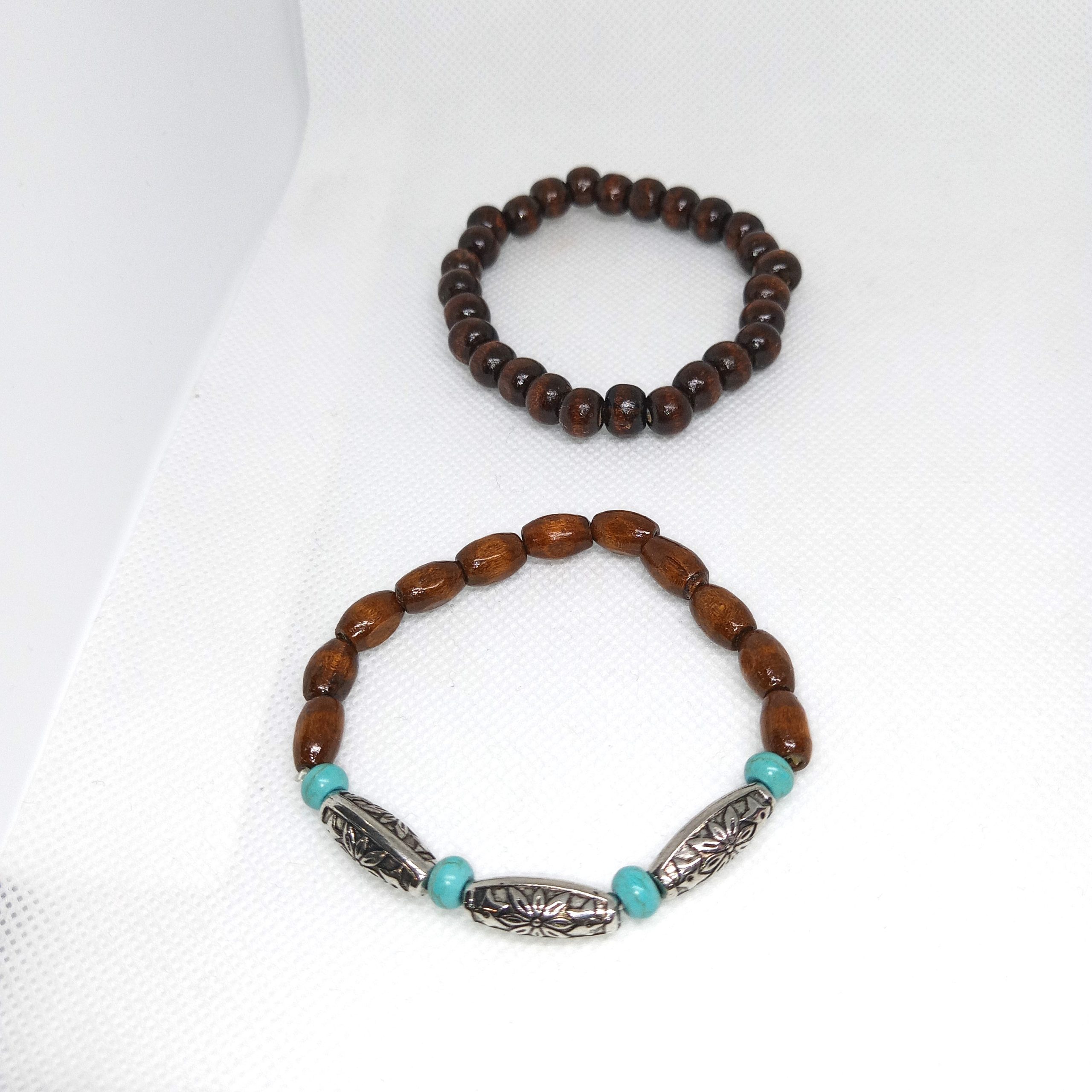Natural Wood & Silver Bloom Bracelet Set