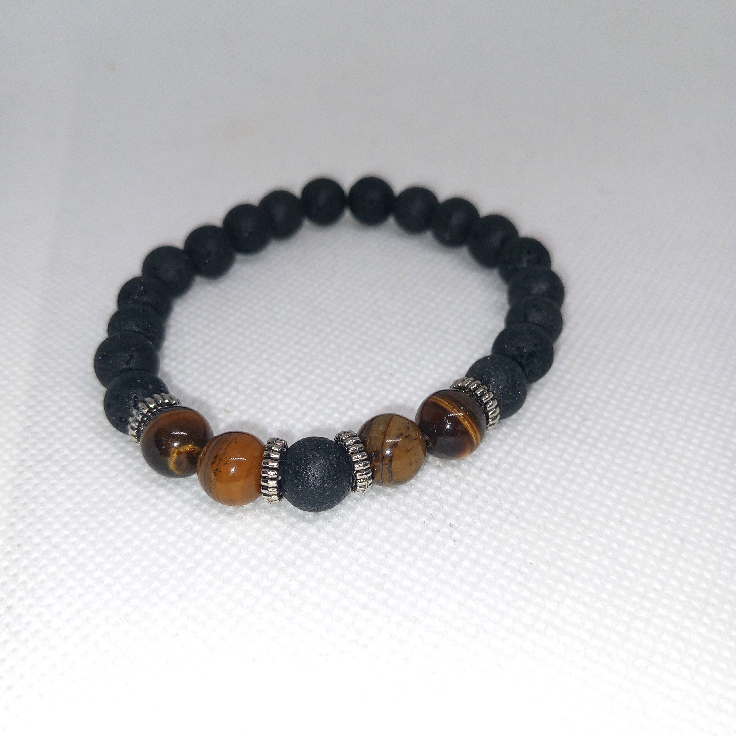 Lava Rock & Tiger's Eye Bead Bracelet Set Natural Stone Duo - Image 2