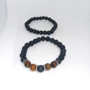 Lava Rock & Tiger's Eye Bead Bracelet Set Natural Stone Duo