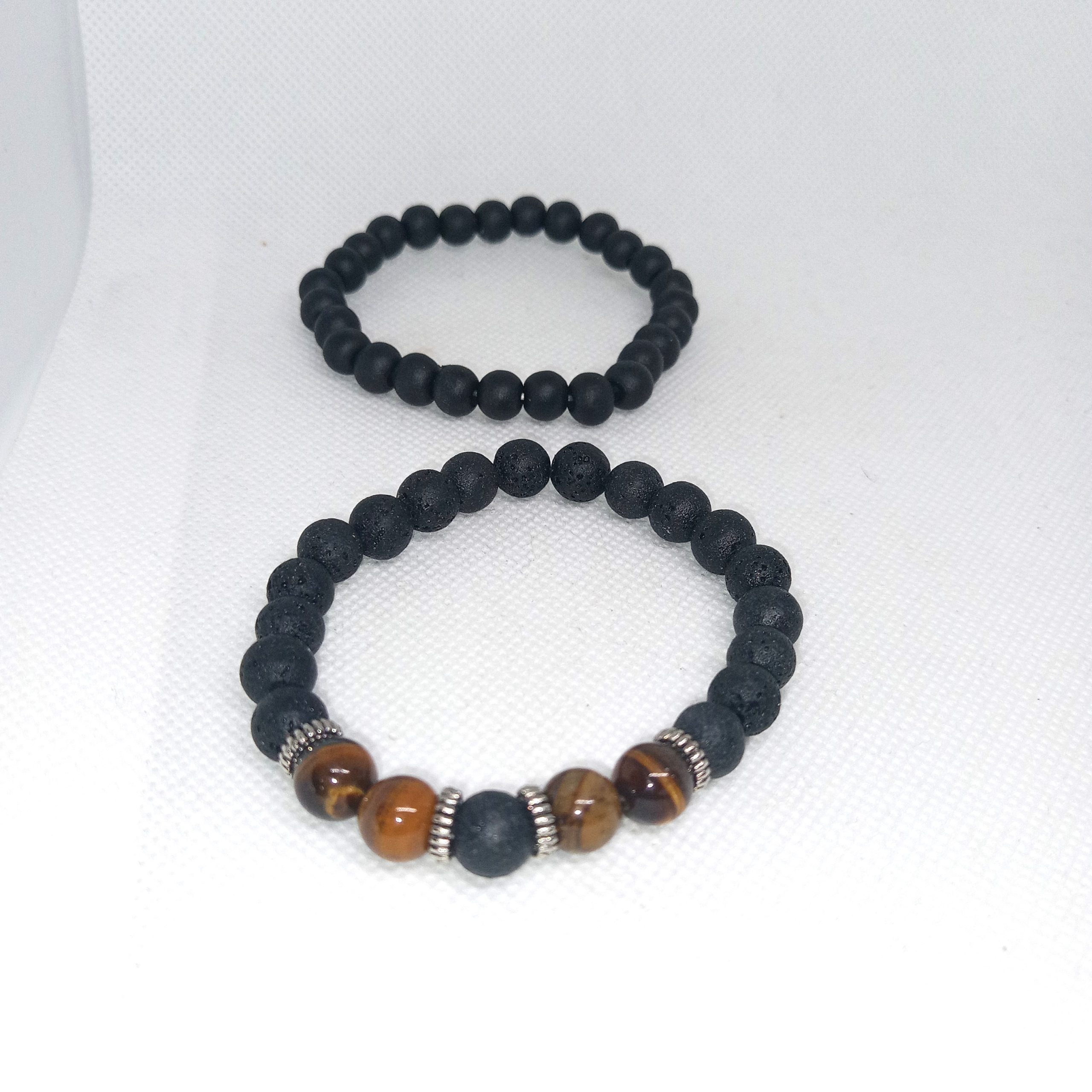 Lava Rock & Tiger's Eye Bead Bracelet Set Natural Stone Duo