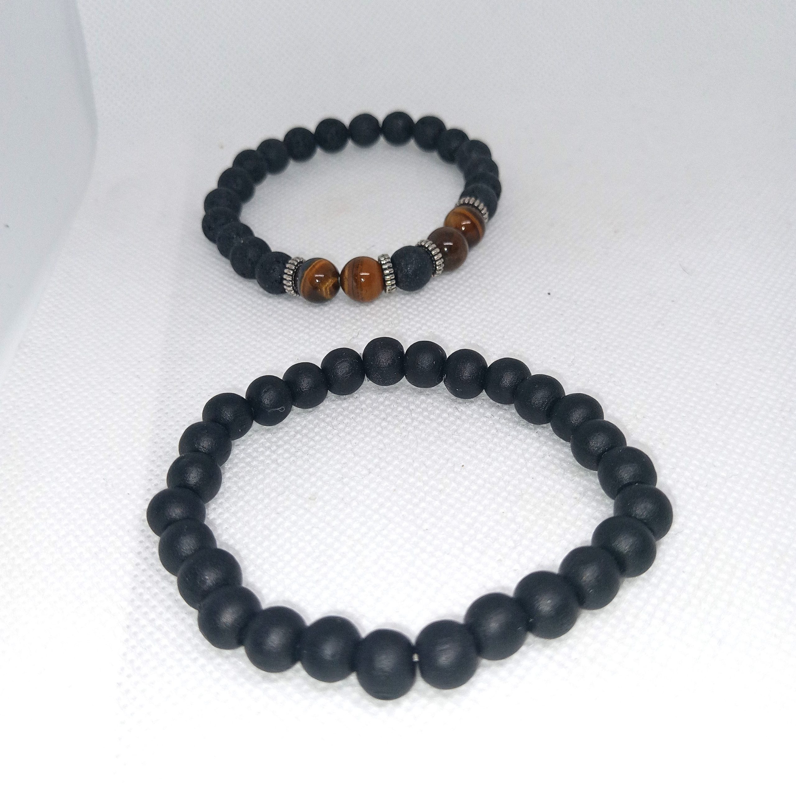 Lava Rock & Tiger's Eye Bead Bracelet Set Natural Stone Duo - Image 3