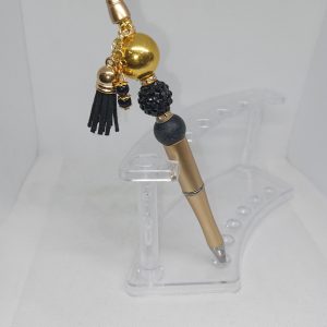 Handmade Black and Gold Bubble Gum Bead Pen with Tassel Charm