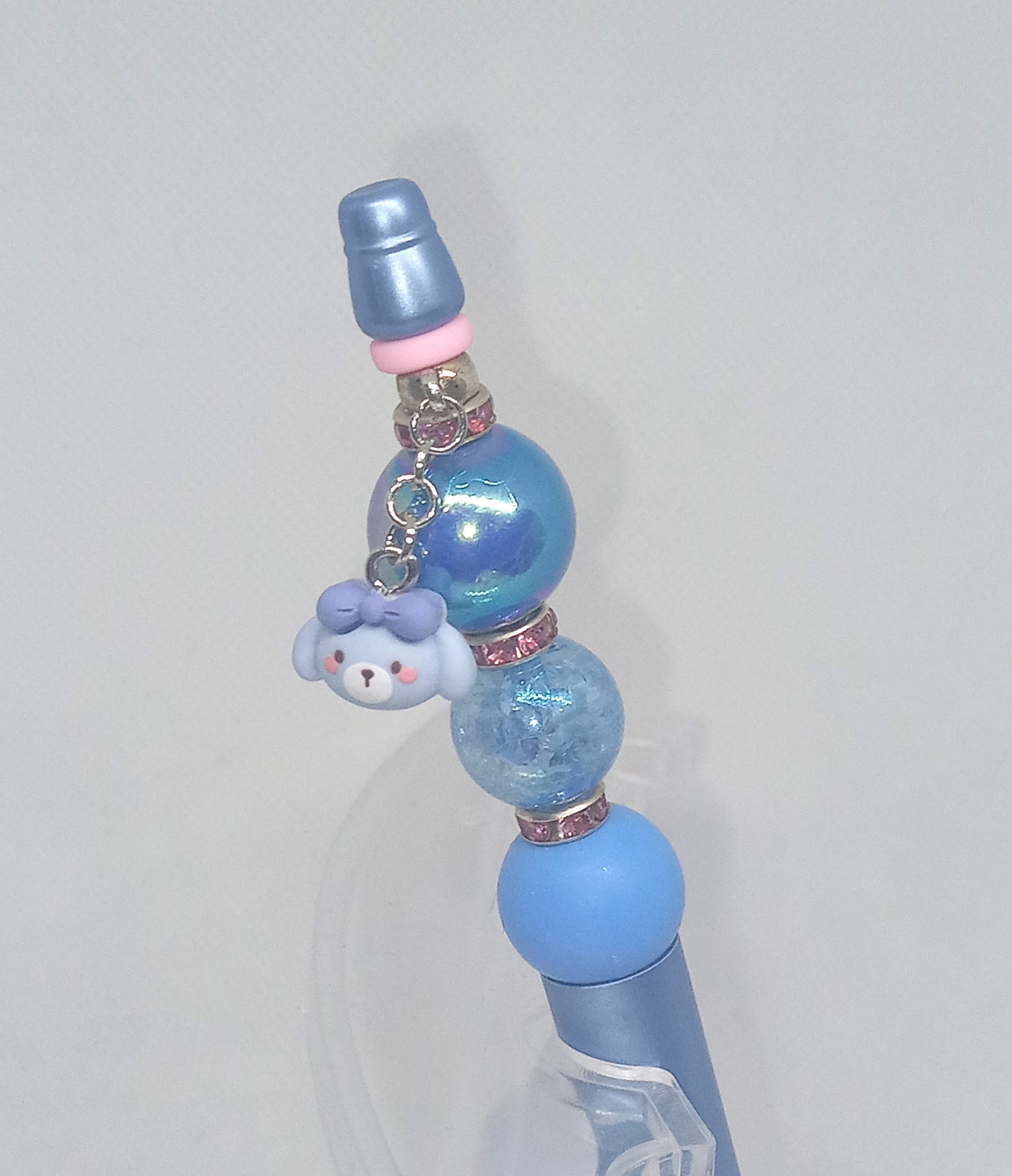 Handmade Blue Bubble Gum Bead Pen with Cute Character Charm - Image 2