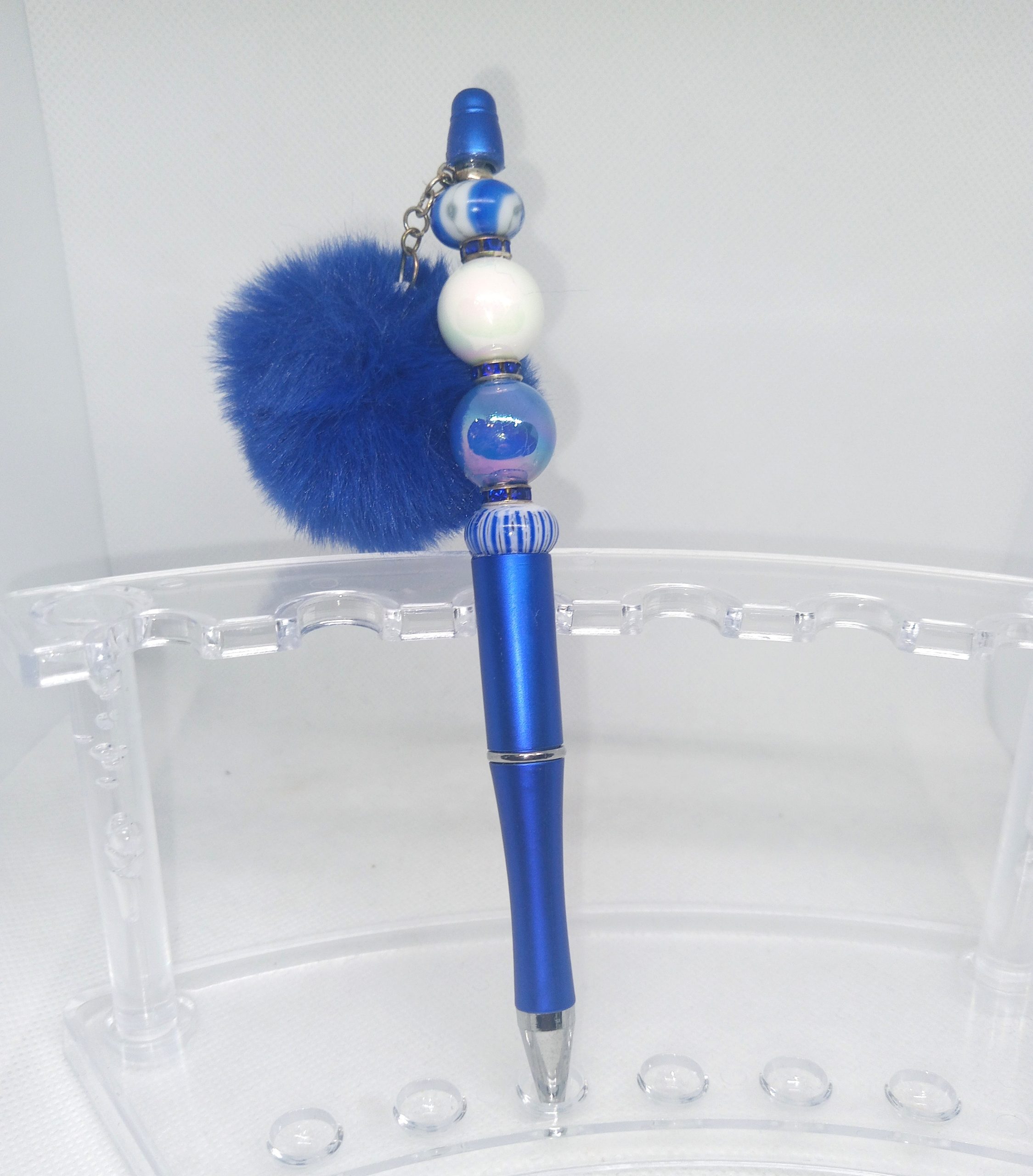 Blue Bubble Gum Bead Pen with Fluffy Pom Pom Charm
