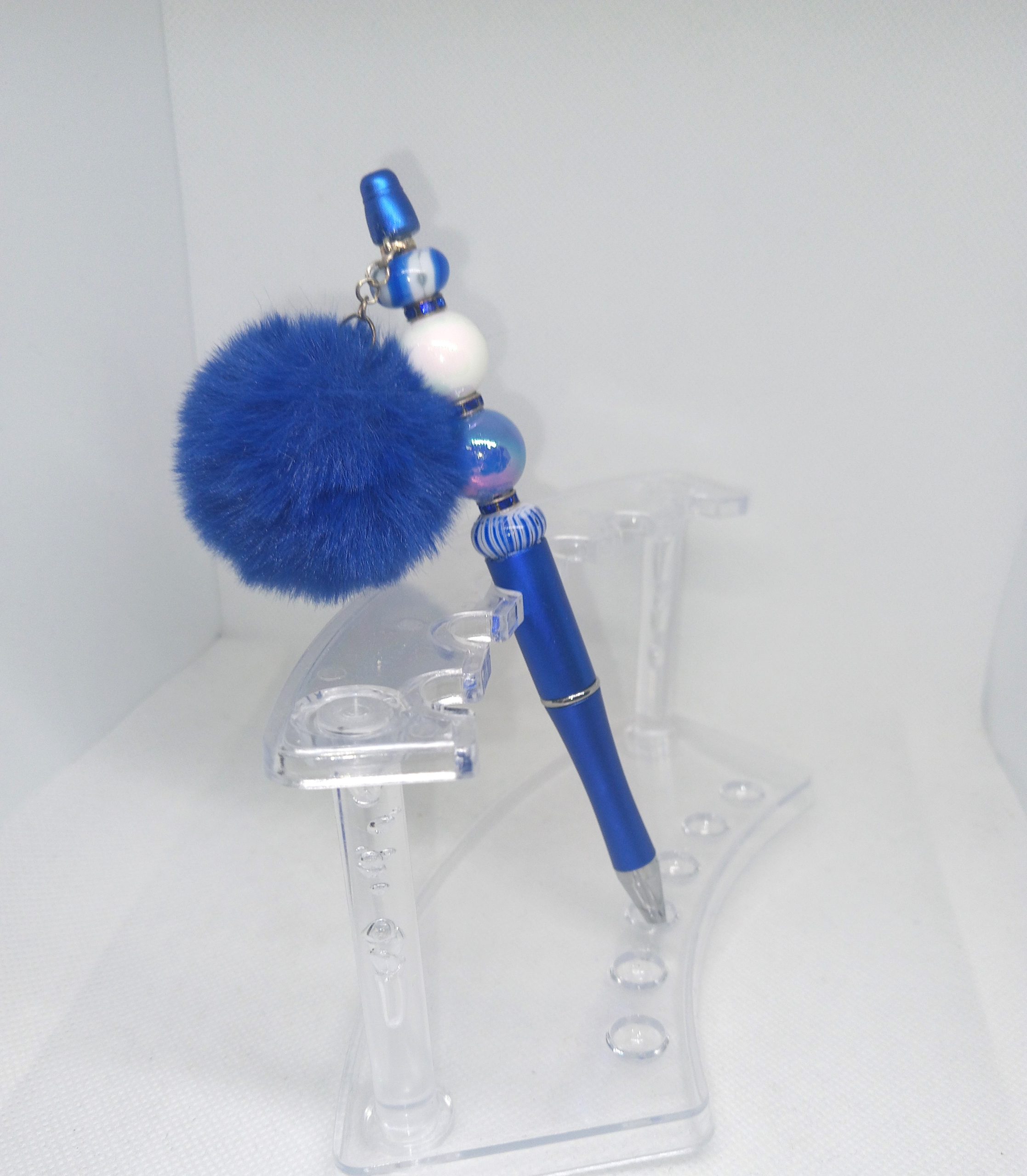 Blue Bubble Gum Bead Pen with Fluffy Pom Pom Charm - Image 2