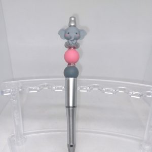 Silver and Pink Bubble Gum Bead Pen with Cute Elephant Charm