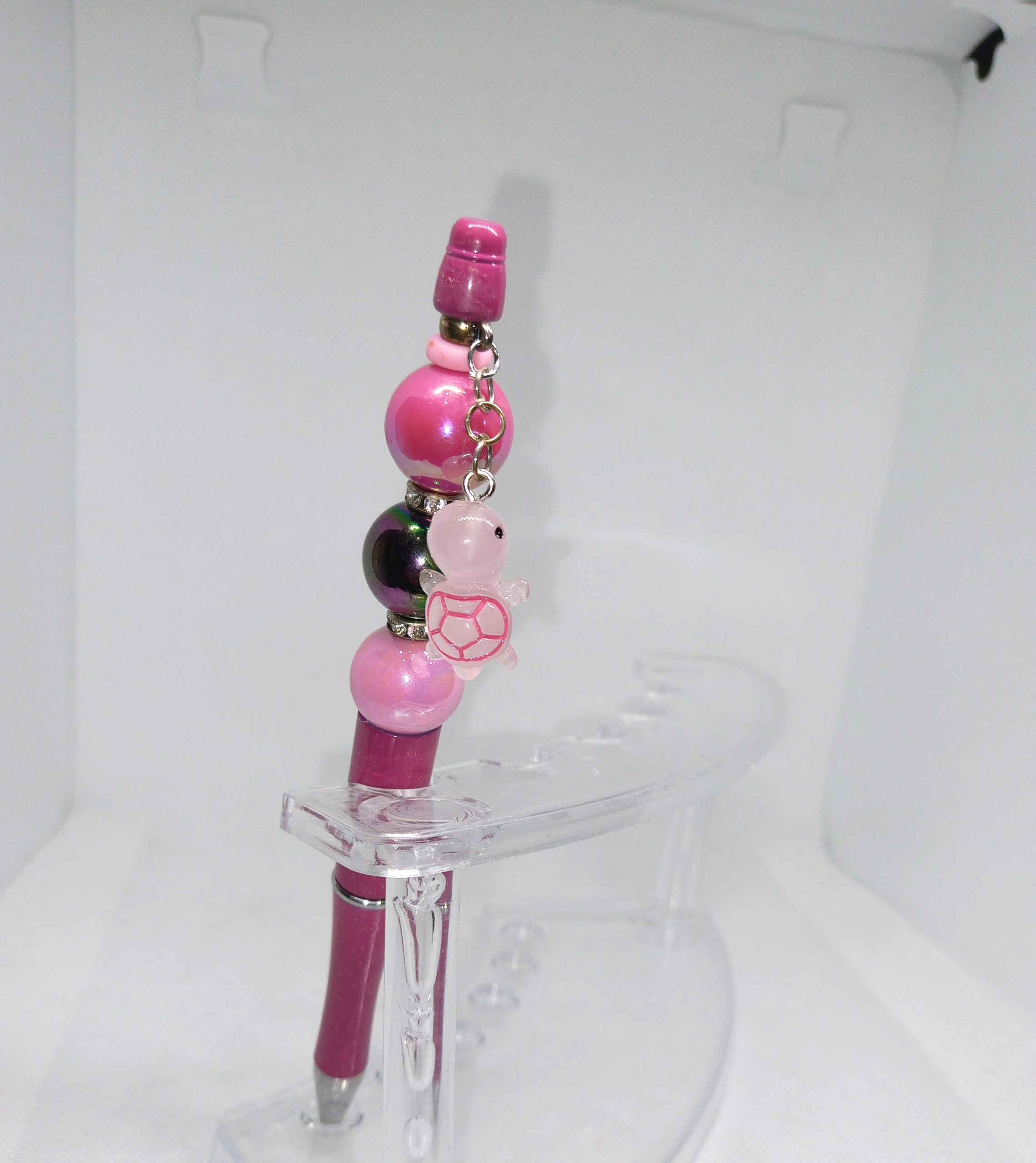 Adorable Pink Handmade Bubble Gum Bead Pen with Turtle Charm - Image 2