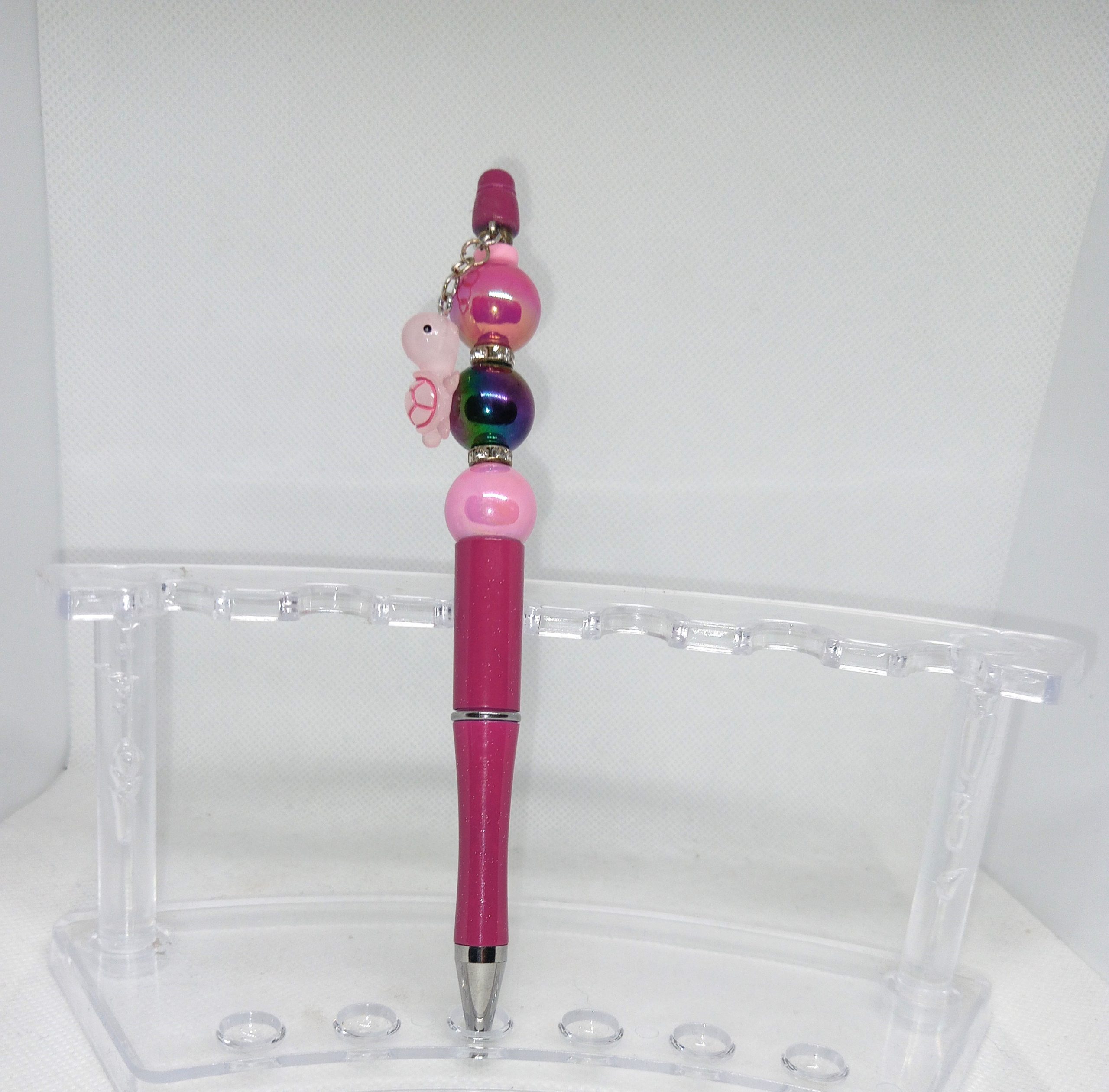 Adorable Pink Handmade Bubble Gum Bead Pen with Turtle Charm - Image 3