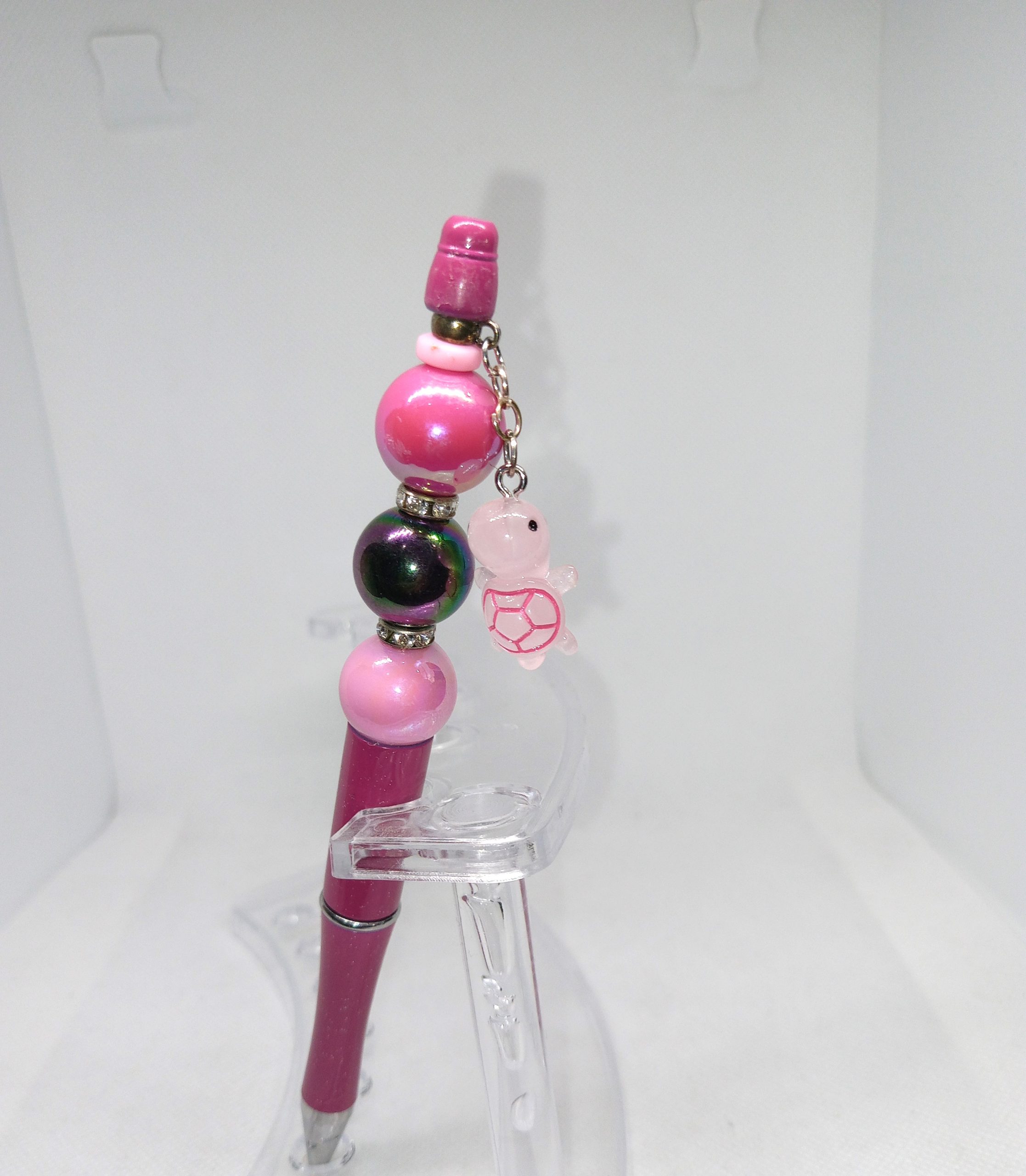 Adorable Pink Handmade Bubble Gum Bead Pen with Turtle Charm