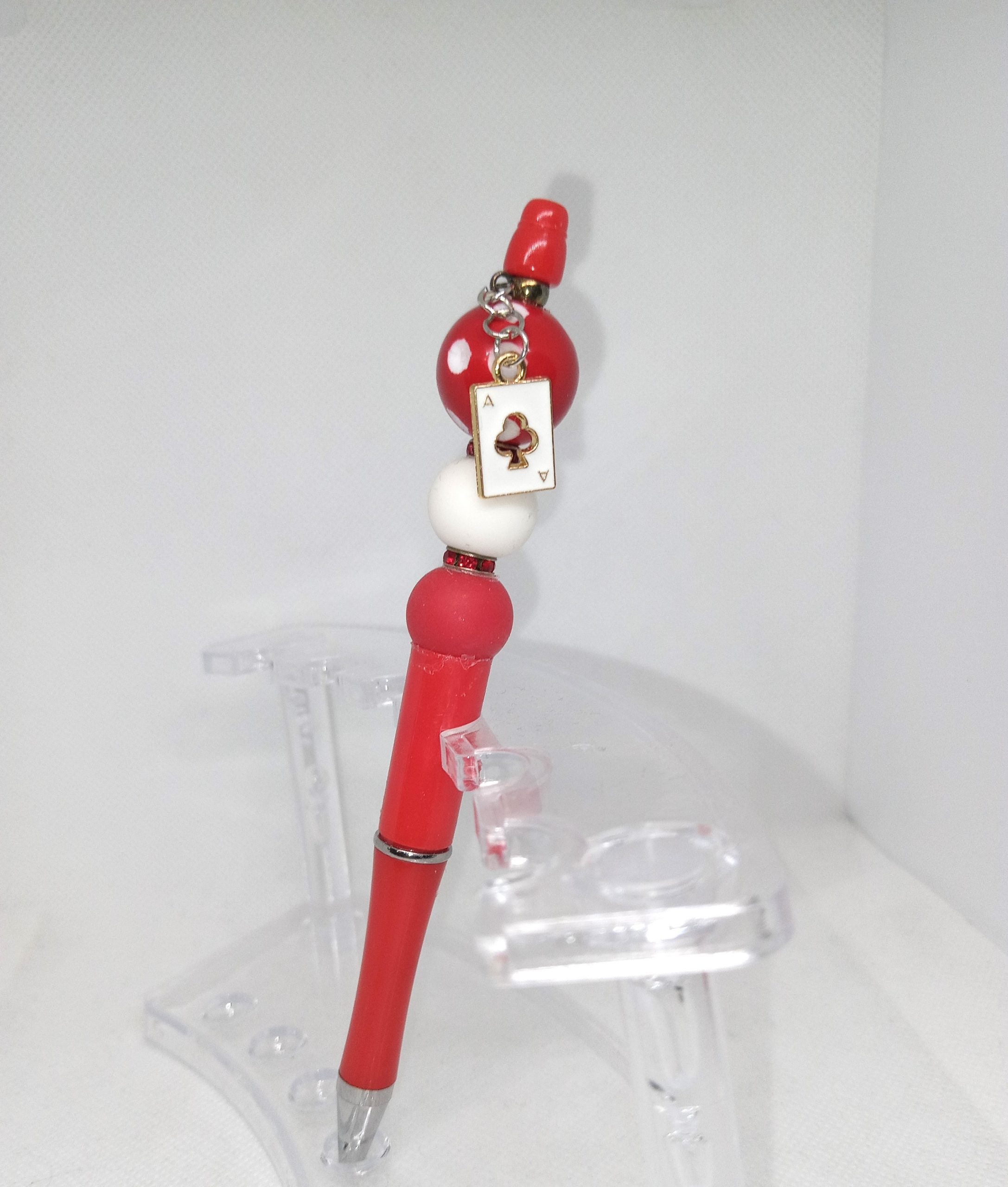 Handmade Red Bubble Gum Bead Pen with Ace of Clubs Charm
