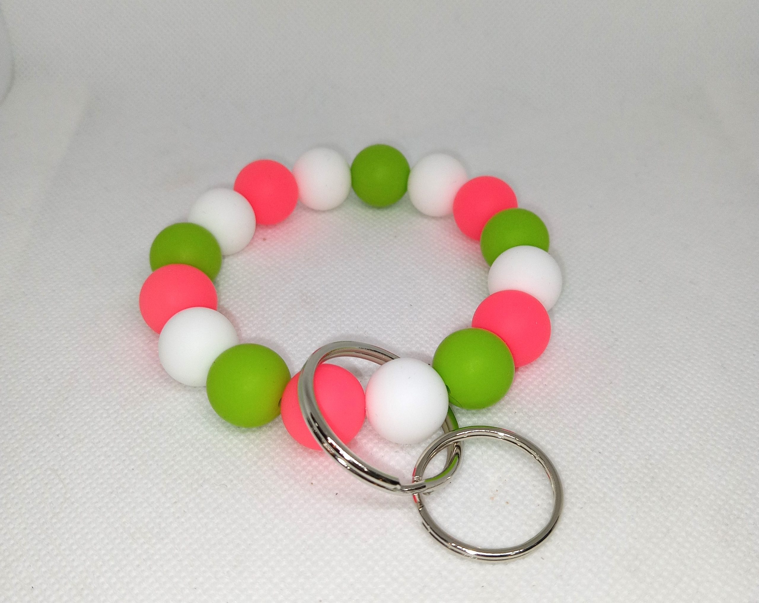 Neon Pink, Green & White Bubble Gum Bead Wristlet Keychain