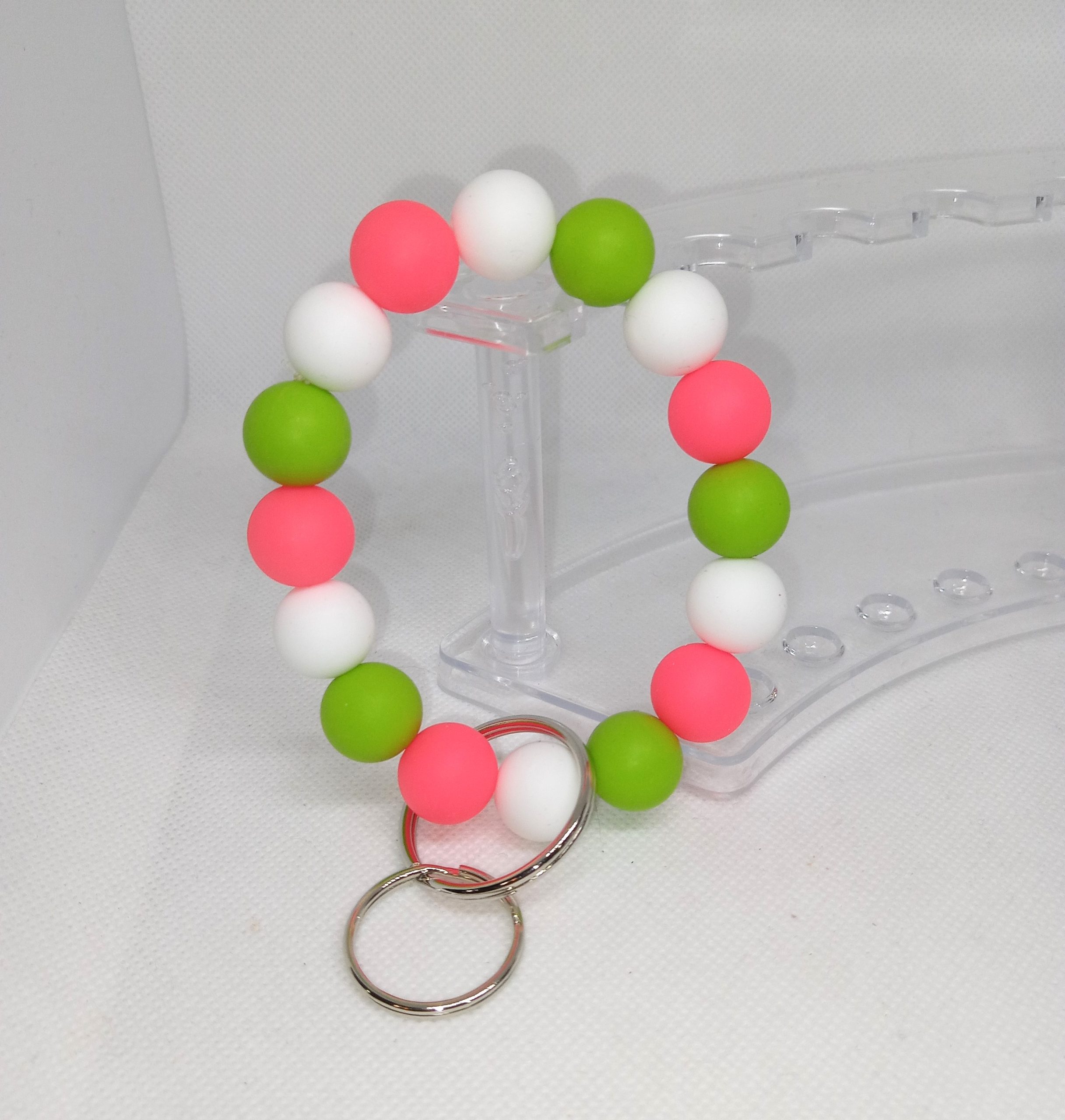 Neon Pink, Green & White Bubble Gum Bead Wristlet Keychain - Image 2