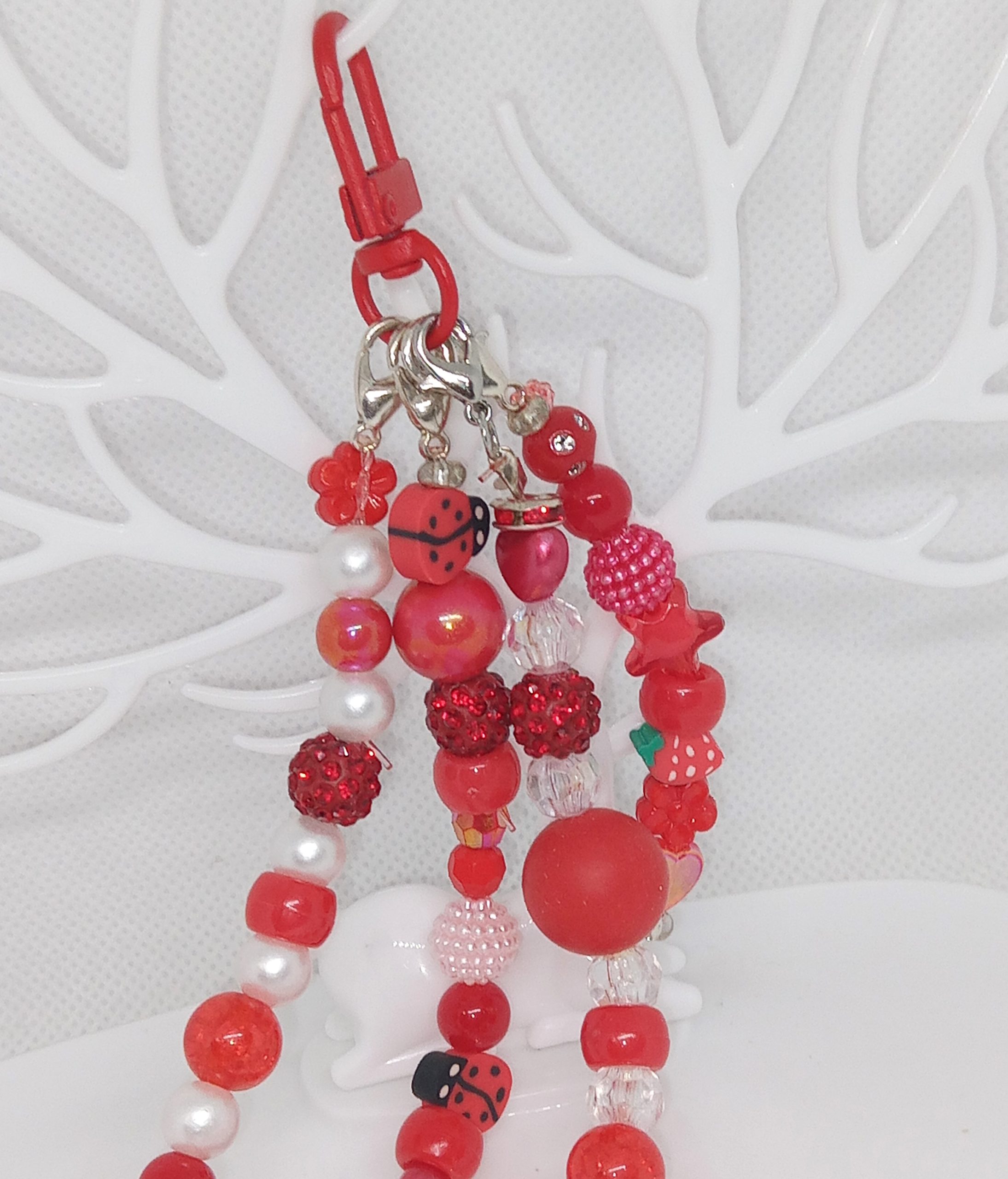 Red Beaded Bag Charm Ladybug & Strawberry Beaded Dangle - Image 5