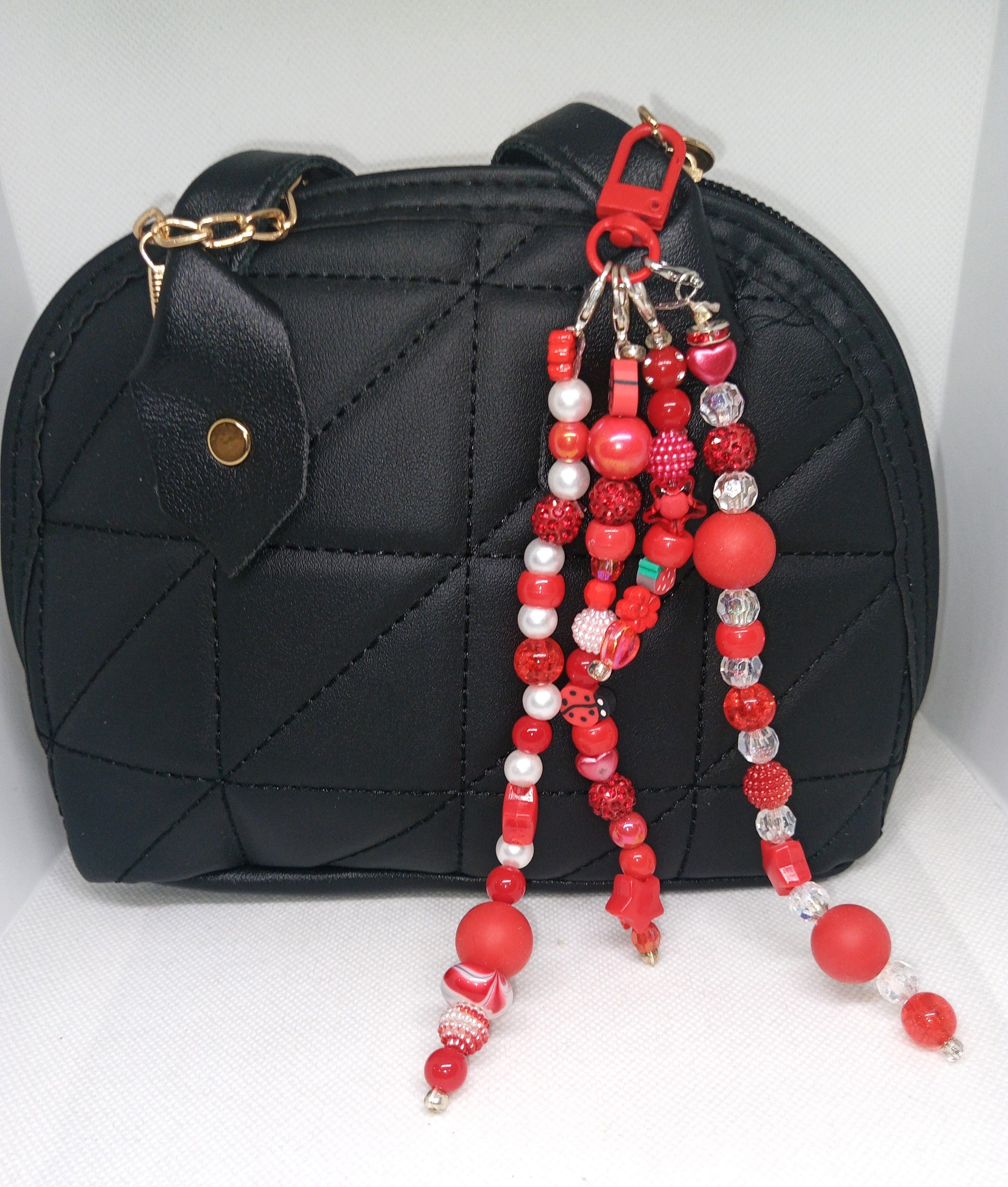 Red Beaded Bag Charm Ladybug & Strawberry Beaded Dangle - Image 2