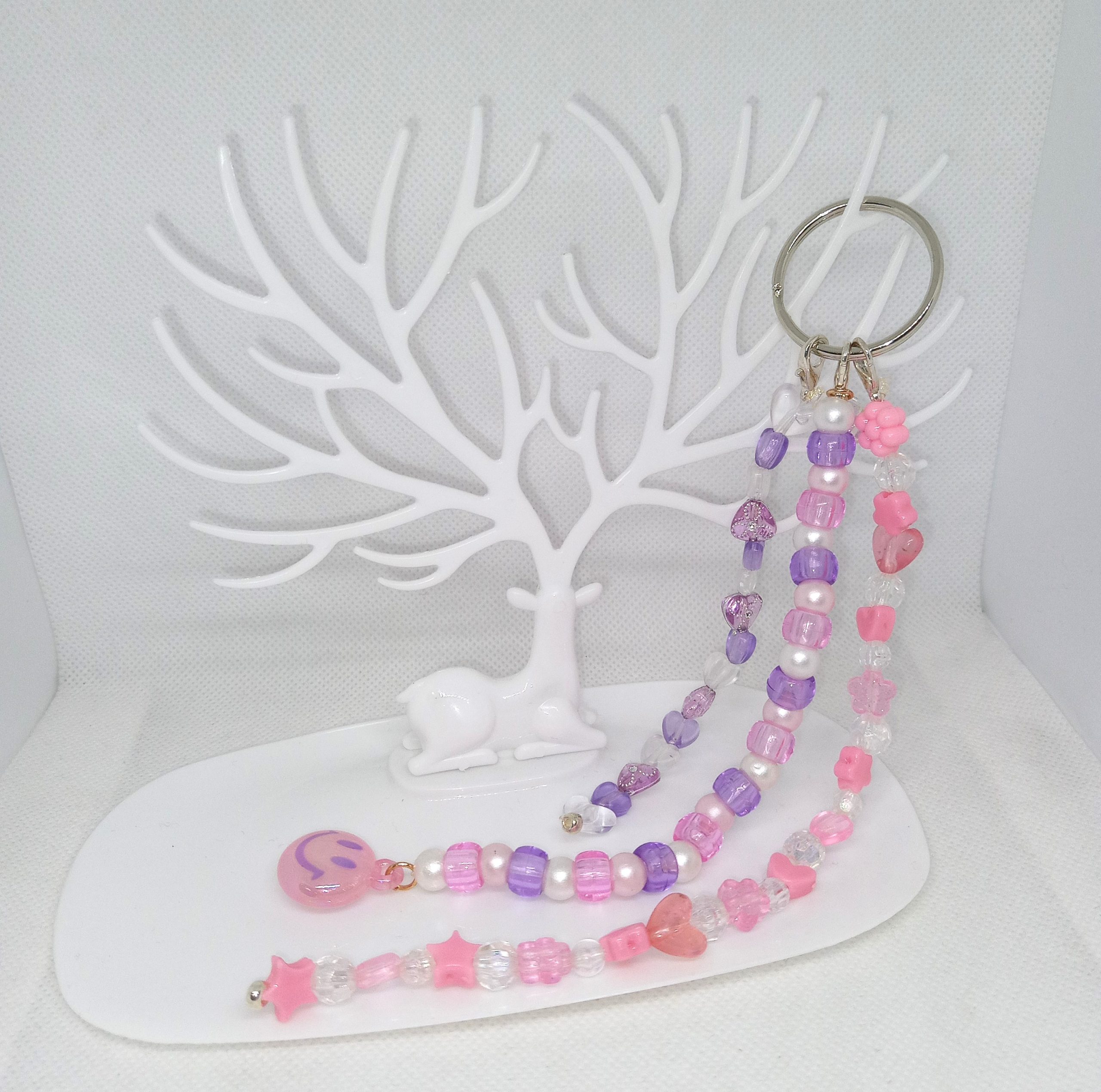 Pink & Purple Purse Charm Cute Smiley Face, Heart & Star Bead Dangle Accessory