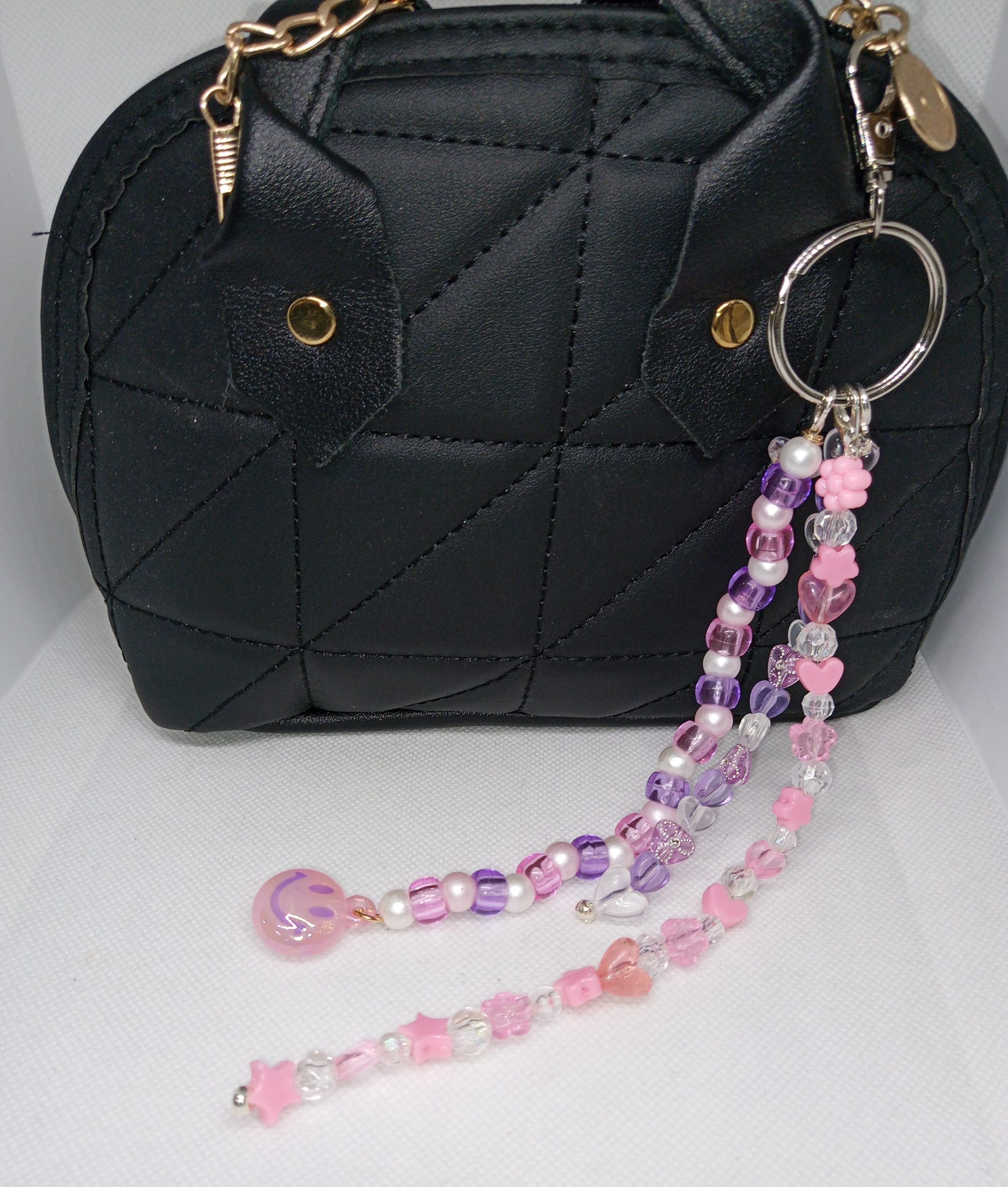 Pink & Purple Purse Charm Cute Smiley Face, Heart & Star Bead Dangle Accessory - Image 2