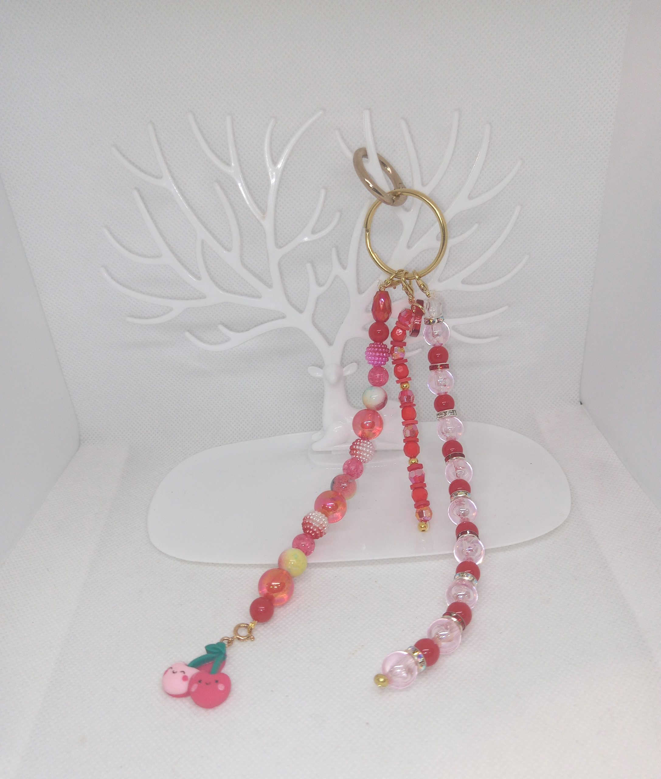 Pink & Red Beaded Purse Charm Dangle with Cute Cherry Charms - Image 4