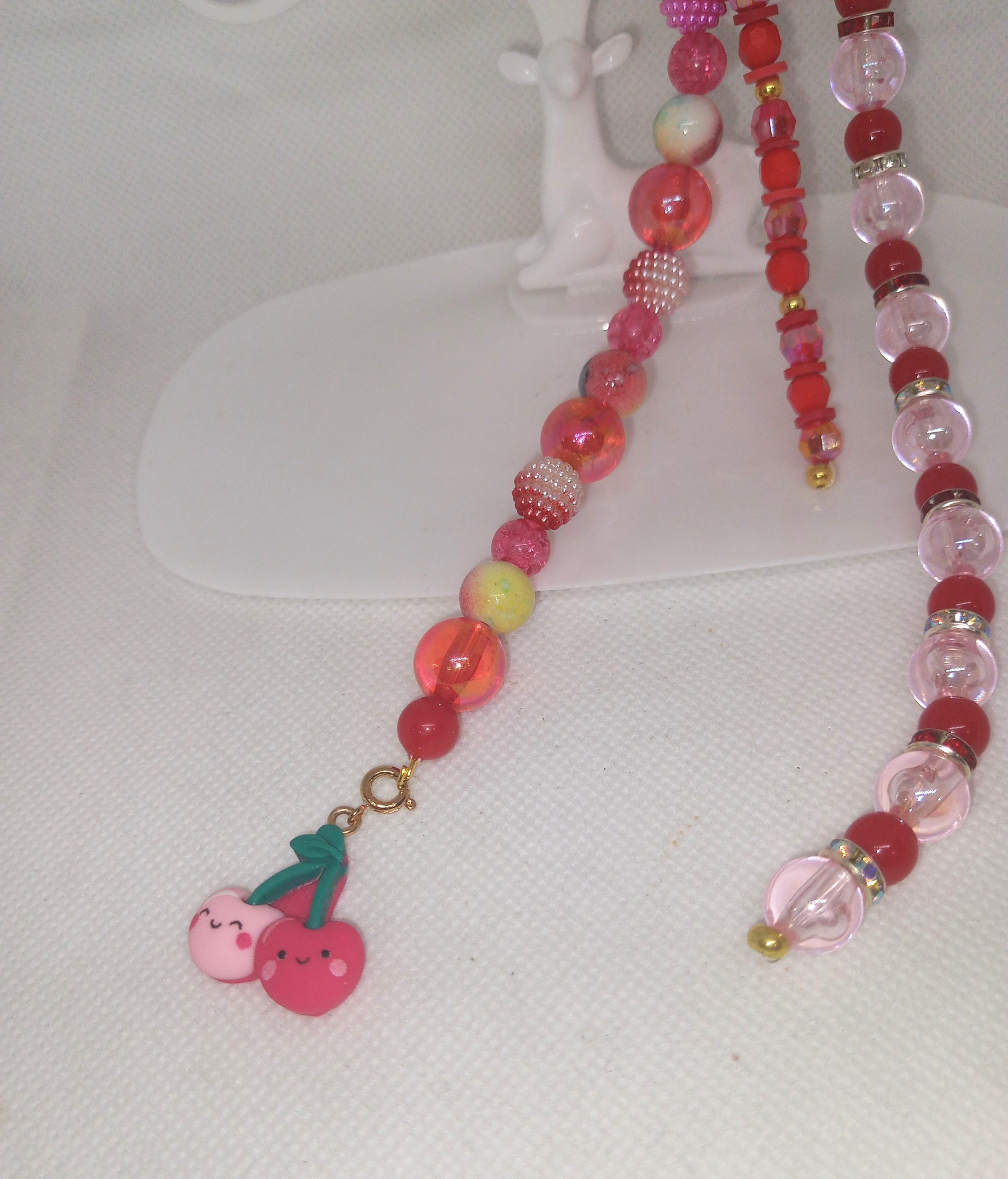 Pink & Red Beaded Purse Charm Dangle with Cute Cherry Charms - Image 3
