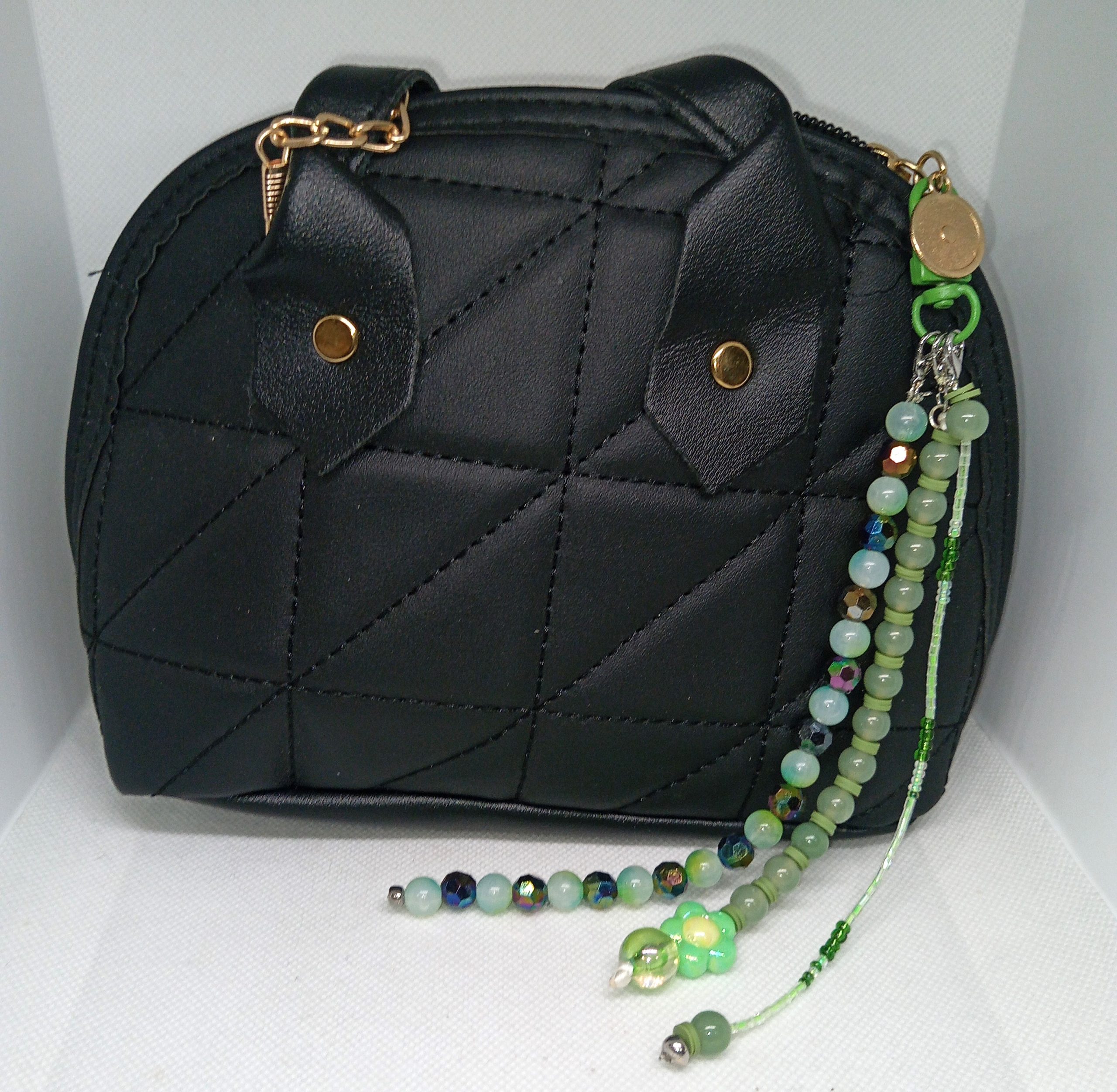 Green Beaded Dangle Charm with Flower Bead Accent