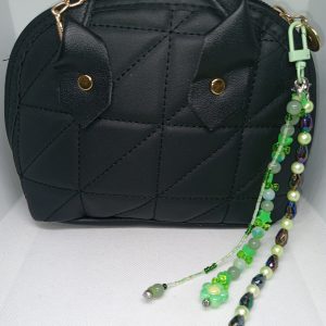 Green Beaded Bag Charm Dangle Flower Accent, Pearl & Crystal Beads