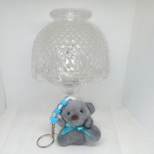 Cute Gray Bear Plush Keychain with Blue Bow Soft Mini Teddy
