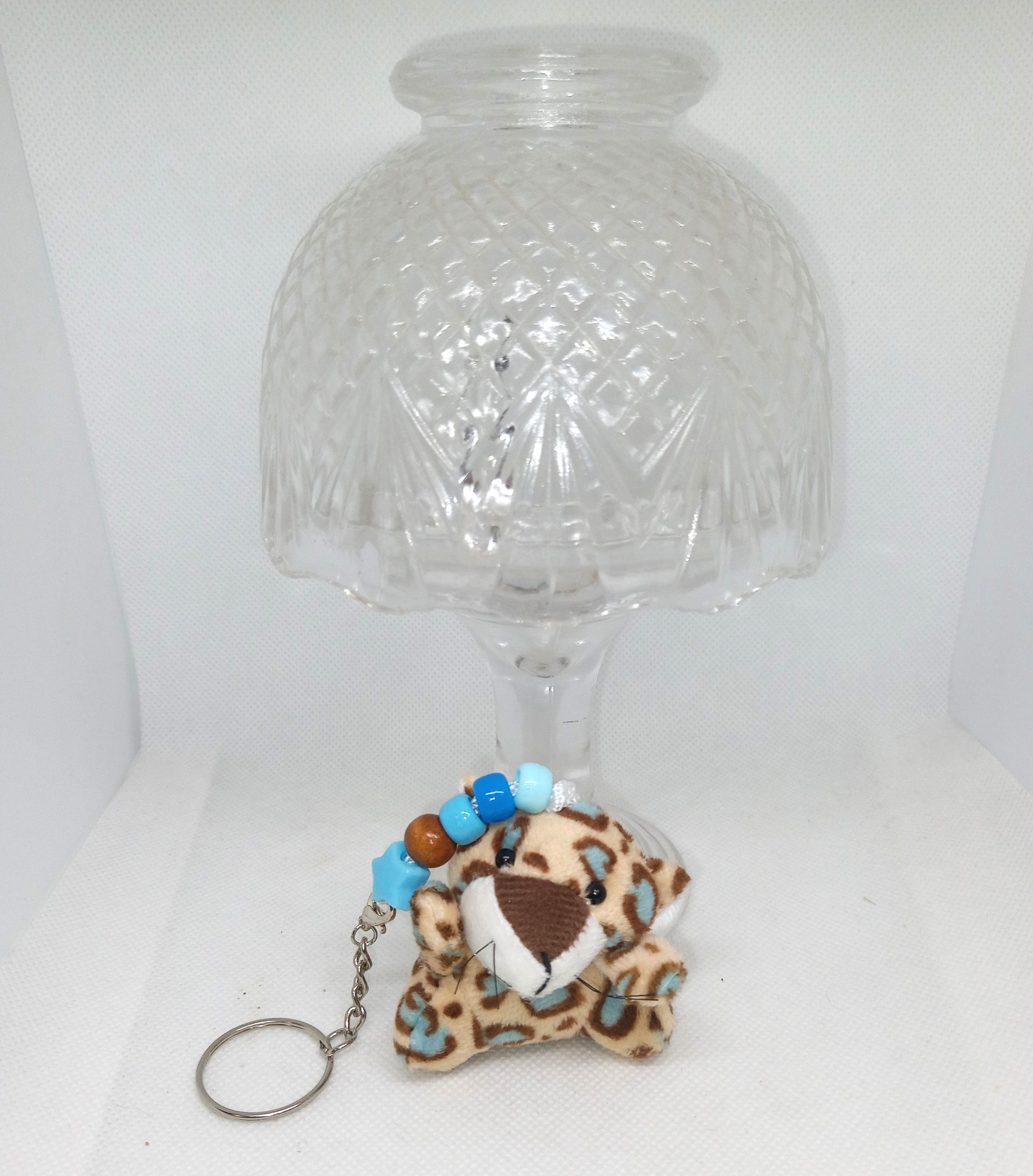 Cute Leopard Plush Keychain Soft Animal Keyring with Blue Beads - Image 3