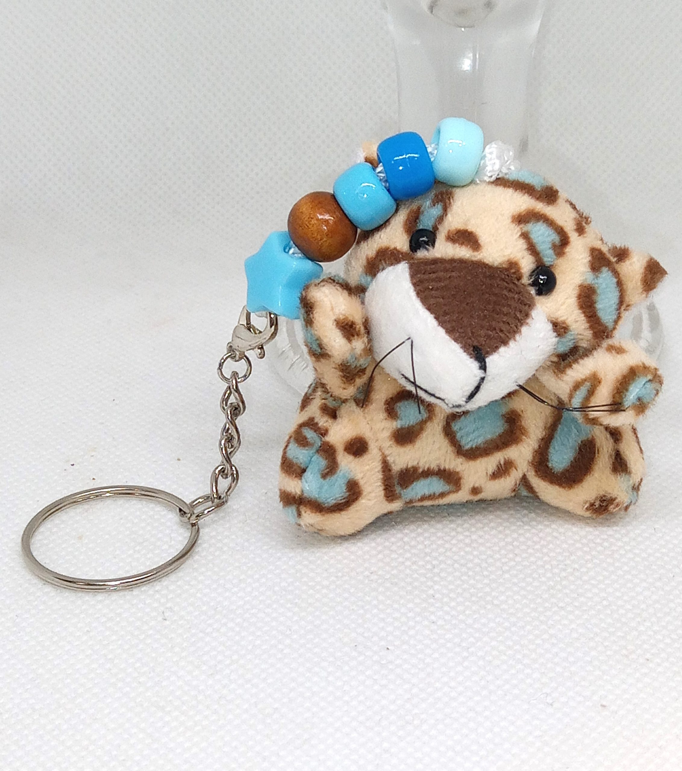 Cute Leopard Plush Keychain Soft Animal Keyring with Blue Beads - Image 2
