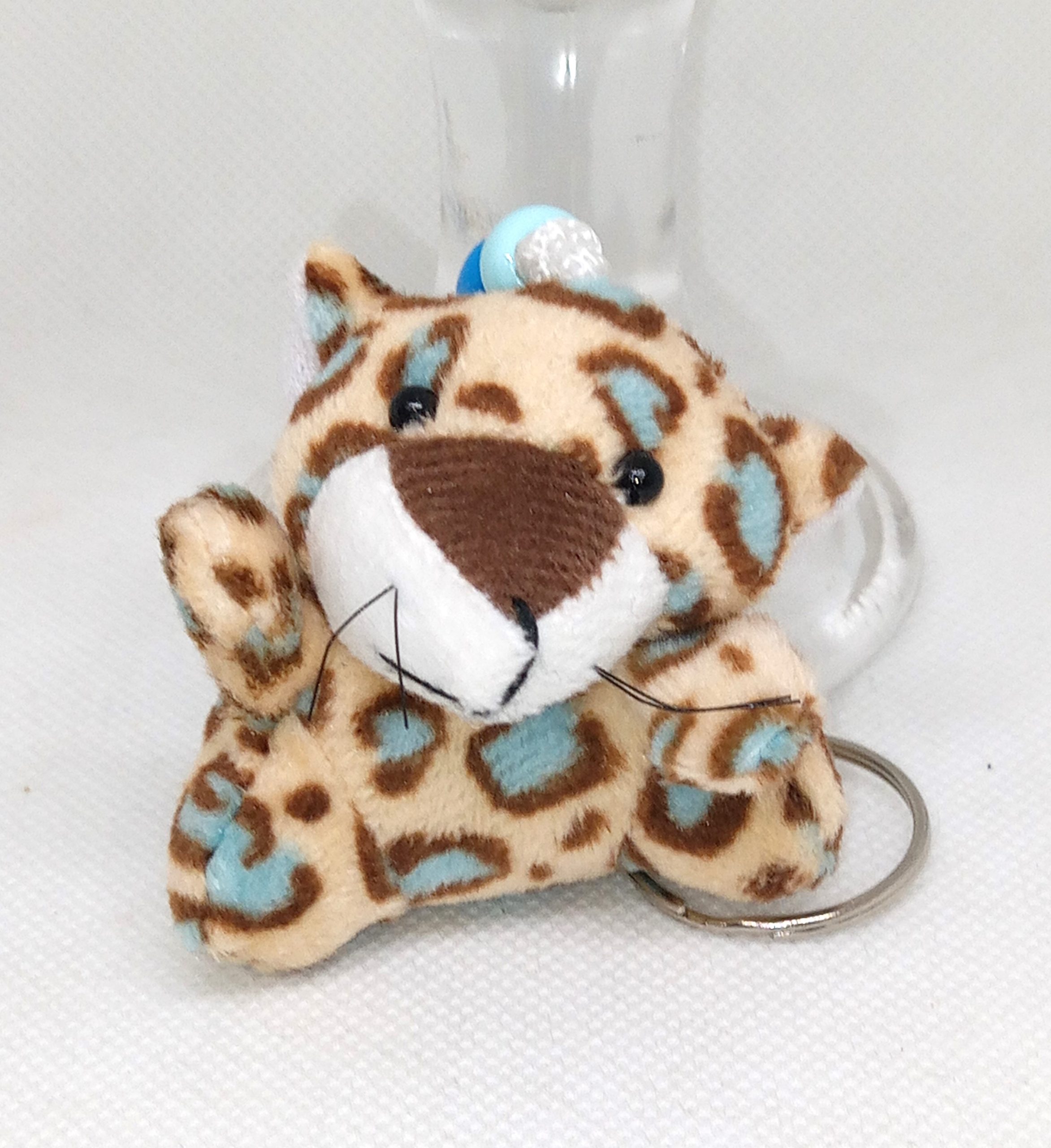Cute Leopard Plush Keychain Soft Animal Keyring with Blue Beads