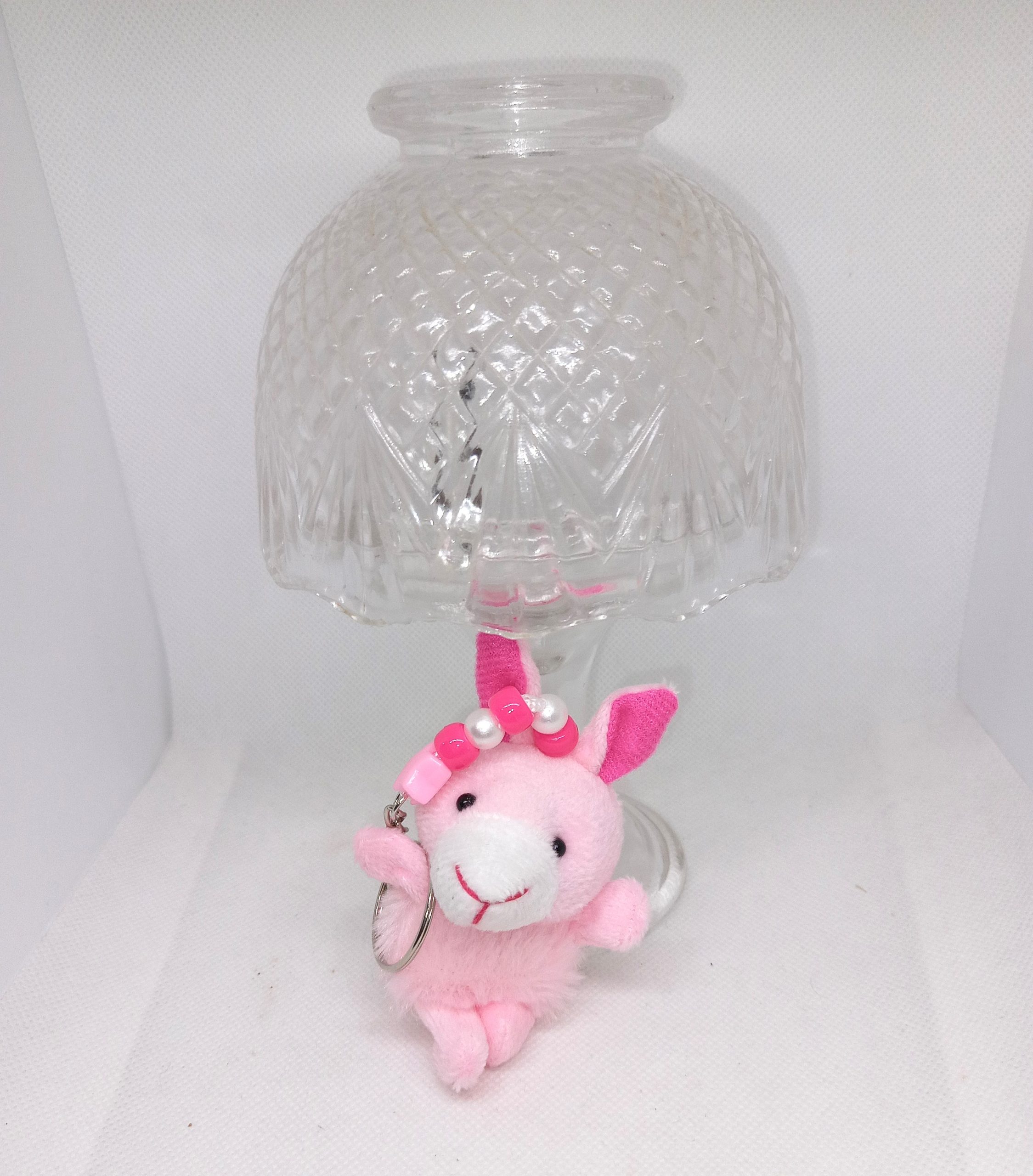 Pink And White Bunny Keychain Fluffy Rabbit Keyring with Beads