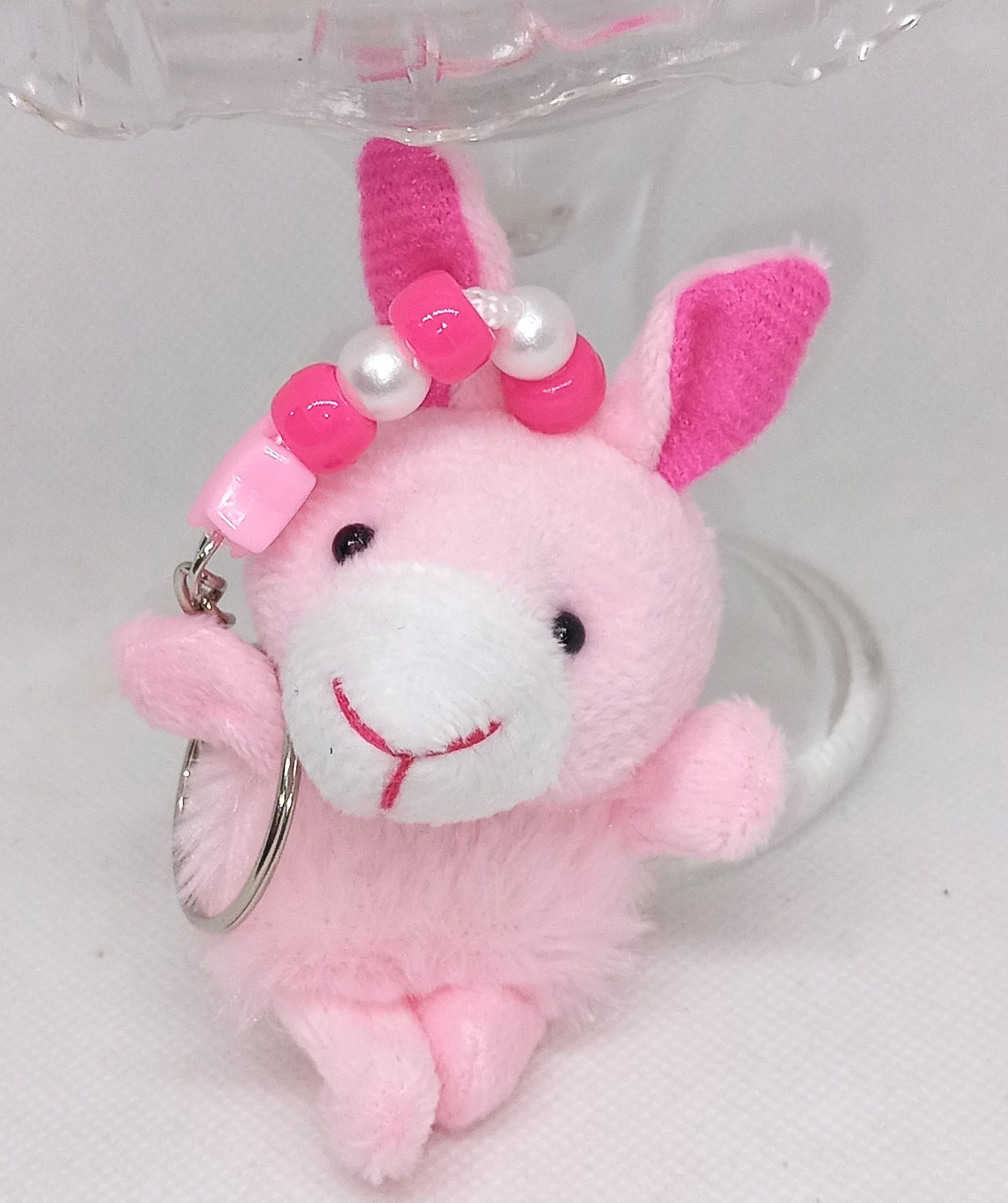 Pink And White Bunny Keychain Fluffy Rabbit Keyring with Beads - Image 2