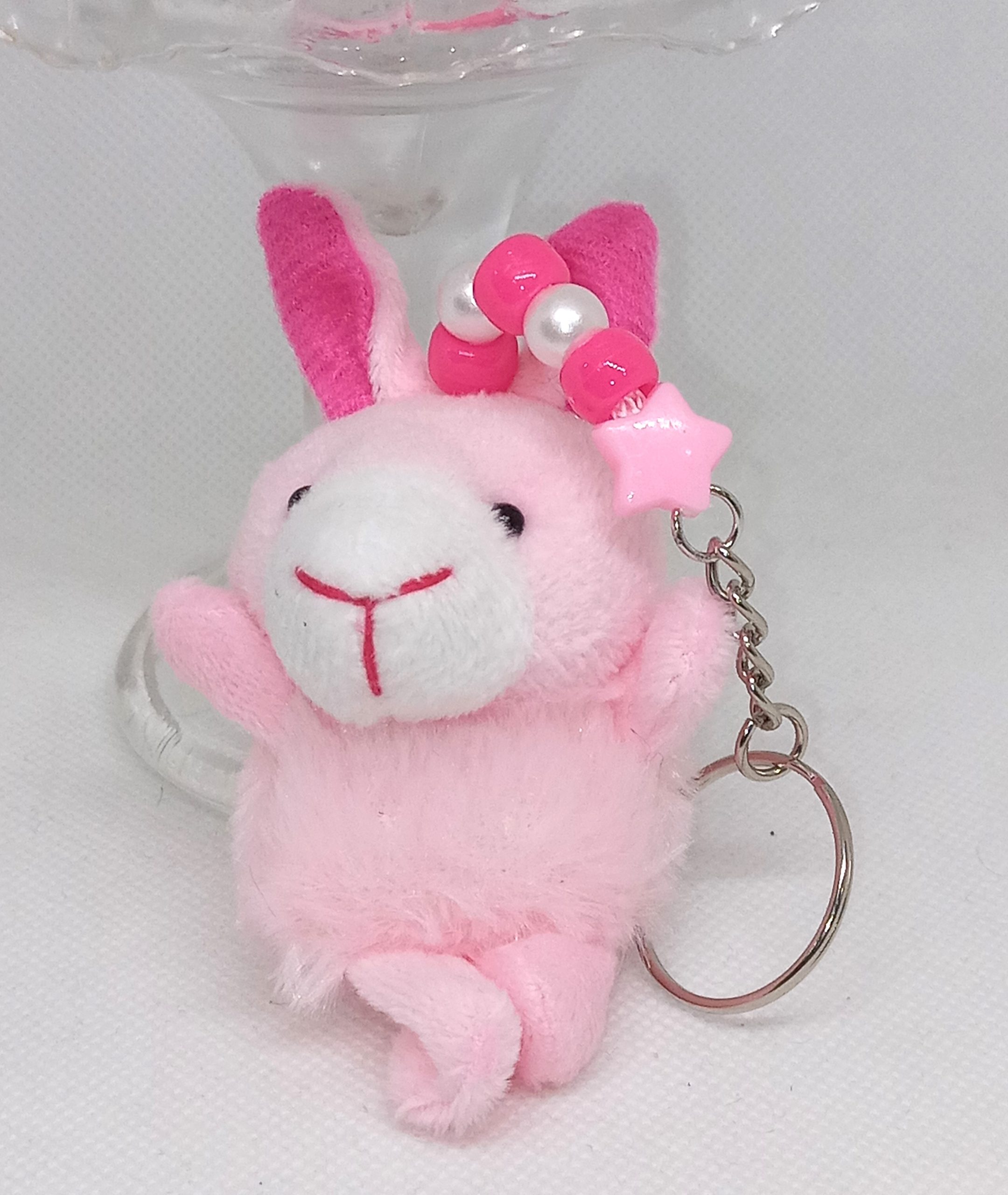 Pink And White Bunny Keychain Fluffy Rabbit Keyring with Beads - Image 3