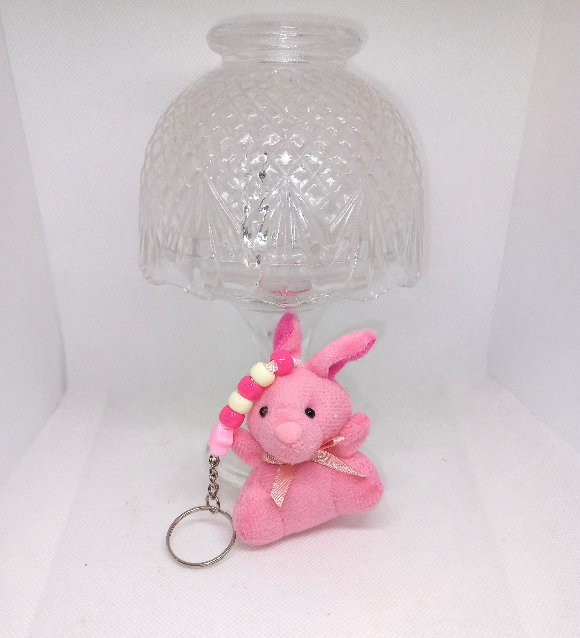 Pink Bunny Keychain Plush Fluffy Rabbit Keyring with Beaded Charm