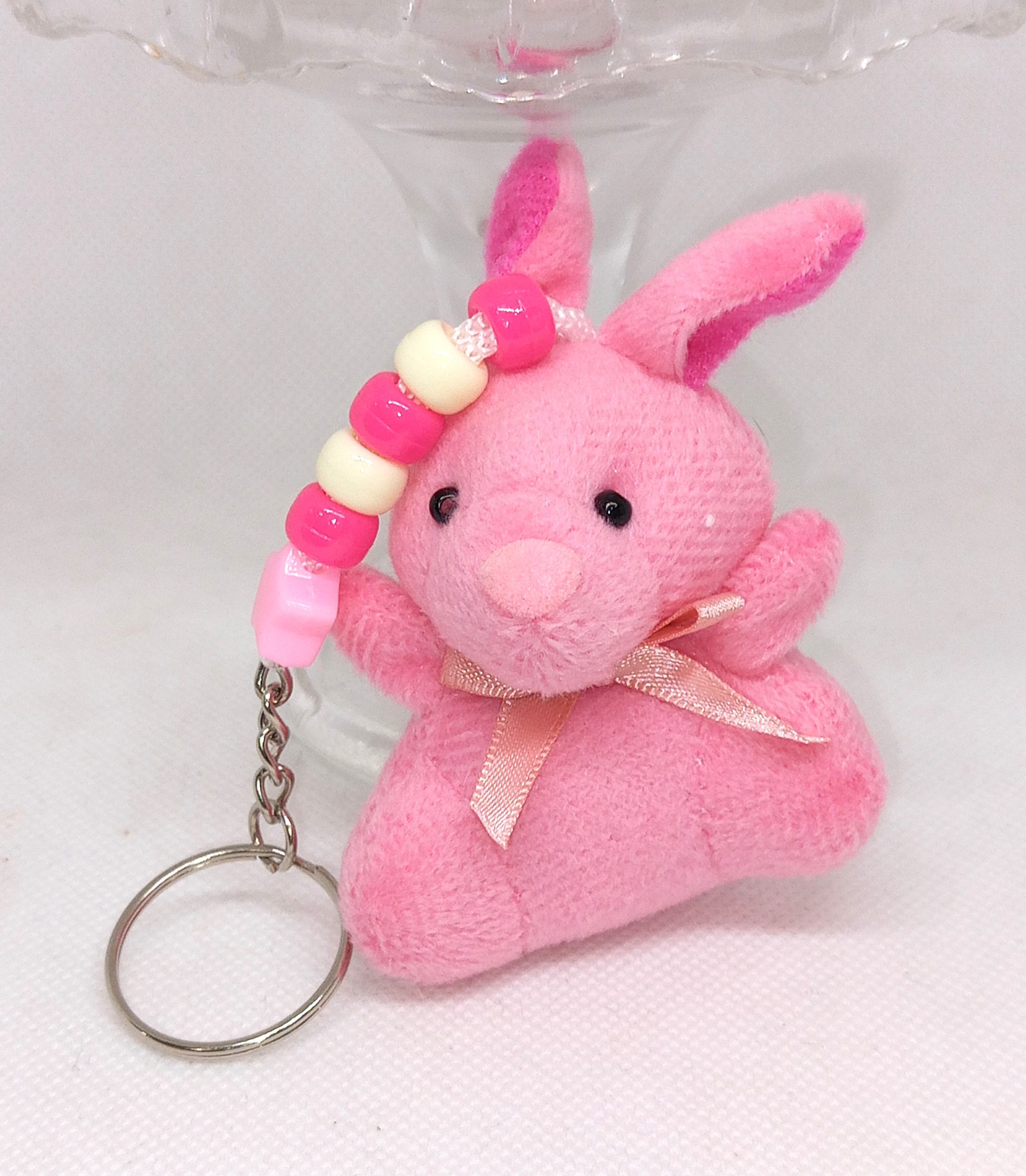 Pink Bunny Keychain Plush Fluffy Rabbit Keyring with Beaded Charm - Image 2