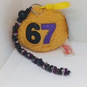 Lucky Number 67 plush backpack clip with handmade black purple and clear beaded dangle